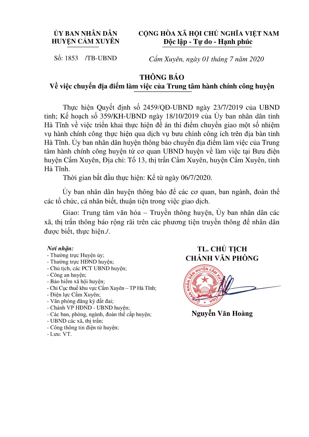 1853 Thông báo chuyển địa điểm làm việc của Trung tâm HCC(01 07 2020 15h28p25) signed 1